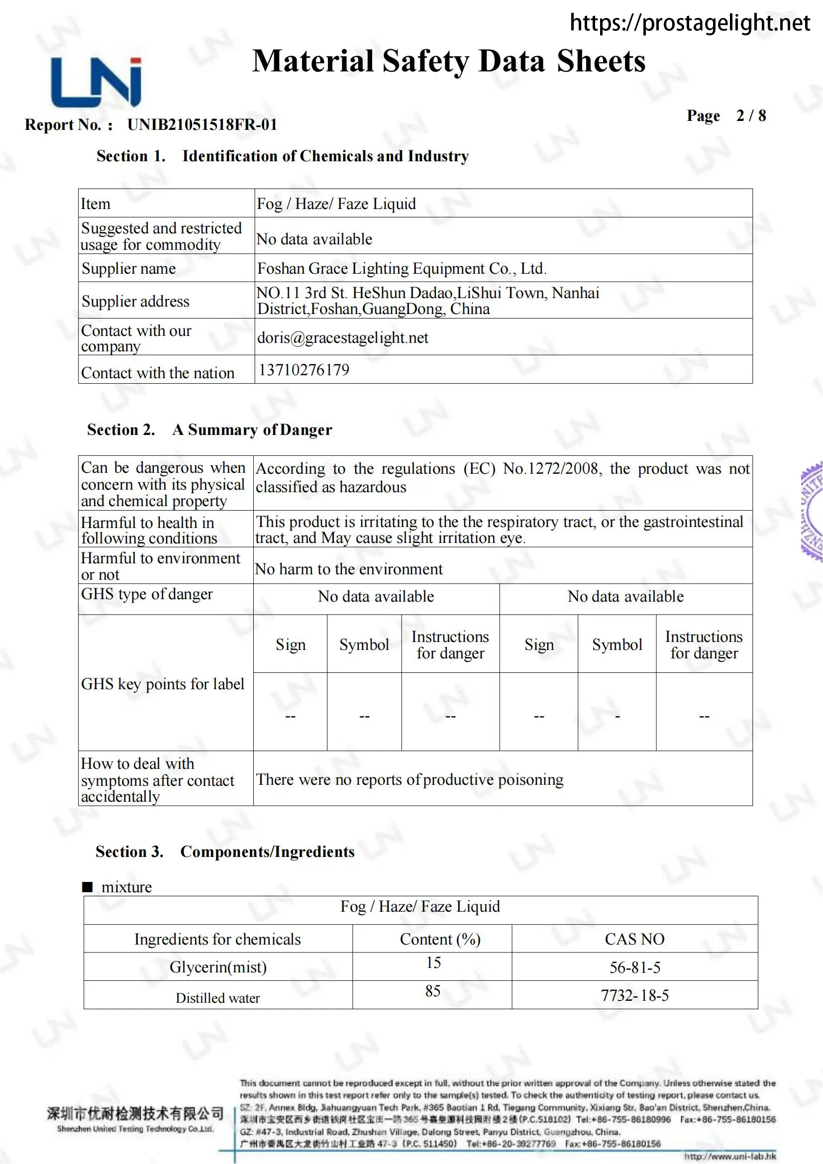 Grace e-liquid MSDS report Grace e-liquid MSDS report