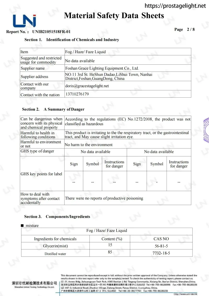 Grace e-liquid MSDS report